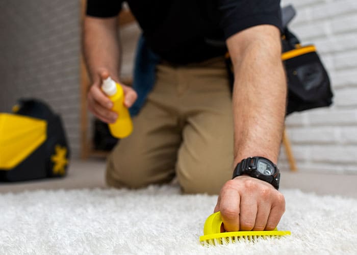 Spezialbehandlung eines Hotelteppichs durch Glanz & Glorie Hotel Service – punktuelle Fleckentfernung per Hand mit professionellen Reinigungsmitteln
